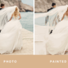 A collage picture of a wedding photo converted to a paint by number portrait