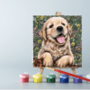 An easel with paints and Adorable Puppy paint by number canvas on it