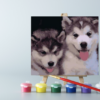 An easel with paints and a Husky puppies paint by number on canvas on it
