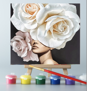 An easel with paints and the abstract flower girl paint by number canvas on it
