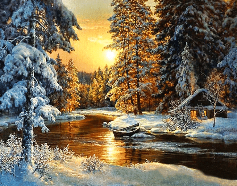 A painting of a winter scene with a boat in the water