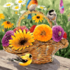 A painting of a basket full of flowers and birds