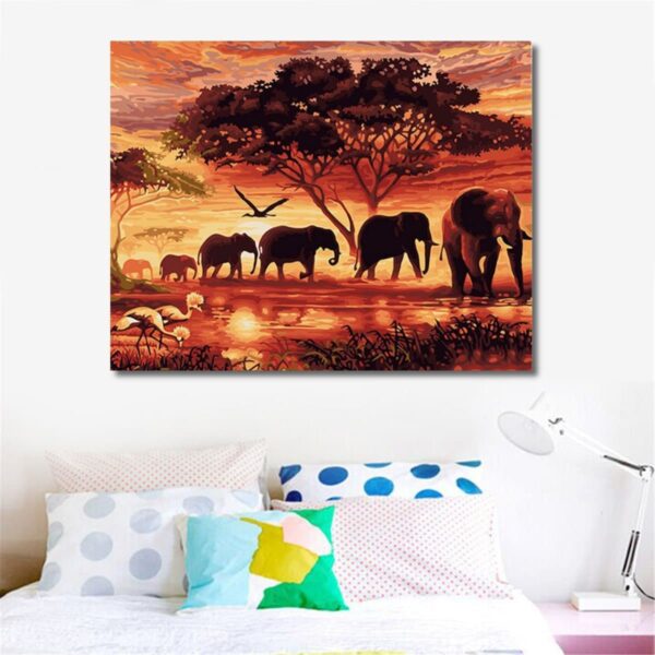 Elephants Sunset Landscape Paint by Numbers Kit - Just Paint by Number