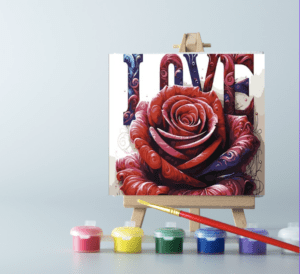 An easel with paints and a Love paint by number canvas on it