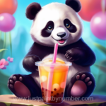 Aa paint by number painting of a panda with a boba drink and balloons