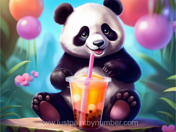 Aa paint by number painting of a panda with a boba drink and balloons