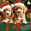 Paint By Number Kit featuring two playful puppies in festive hats, surrounded by gift boxes, creating a charming and cheerful holiday scene.