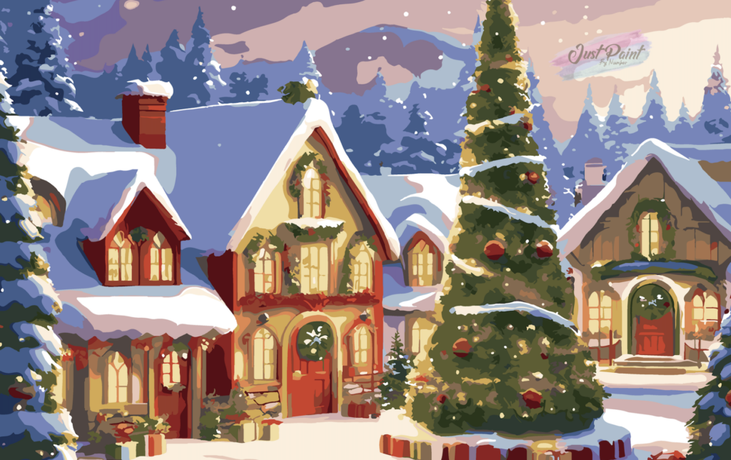 An enchanting Christmas village scene featuring snow-covered cottages with warm glowing windows, festive decorations, and twinkling lights, set against a peaceful snowy landscape.