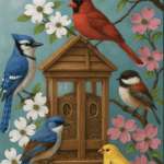 Paint by numbers design of five colorful birds—a cardinal, blue jay, chickadee, bluebird, and goldfinch—perched around a bird feeder with blooming white and pink dogwood flowers.