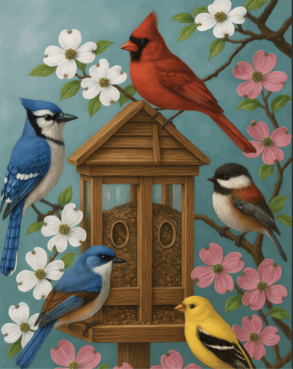 Paint by numbers design of five colorful birds—a cardinal, blue jay, chickadee, bluebird, and goldfinch—perched around a bird feeder with blooming white and pink dogwood flowers.