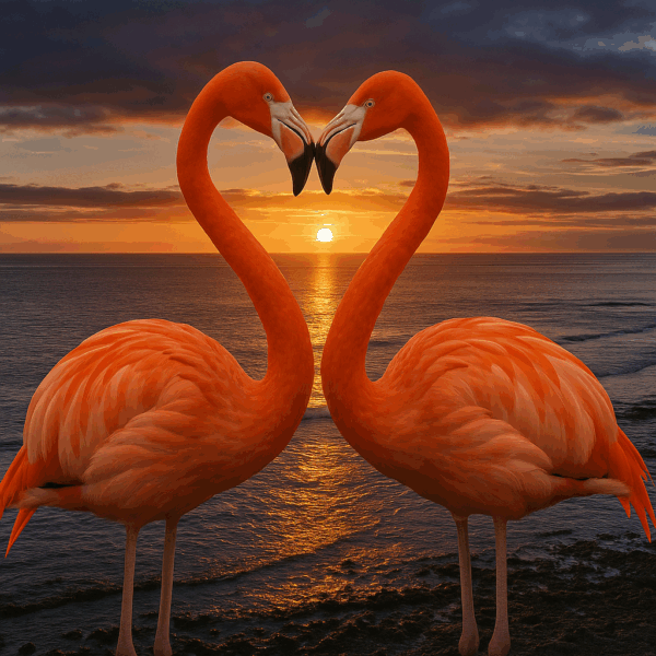 Paint by numbers artwork of two flamingos forming a heart shape with their necks at sunset, standing by the ocean with a glowing sky in the background.