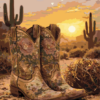 Desert Rose Boots western paint by number artwork with floral cowboy boots at sunset.