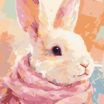 Blush bunny paint by number kit featuring a pastel-colored rabbit wrapped in a pink scarf with soft abstract background