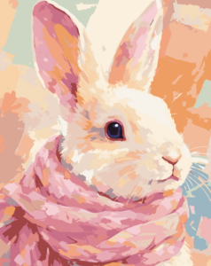 Blush bunny paint by number kit featuring a pastel-colored rabbit wrapped in a pink scarf with soft abstract background