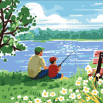 Paint by number artwork of a parent and child fishing by a calm lake with flowers, bench, and blue water under a sunny sky