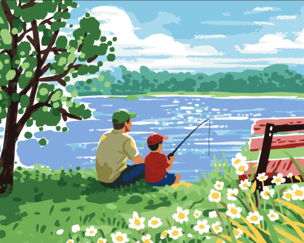 Paint by number artwork of a parent and child fishing by a calm lake with flowers, bench, and blue water under a sunny sky