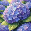 Blue and purple hydrangea paint by number artwork featuring soft pastel blooms and green leaves in a spring garden style