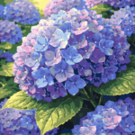 Blue and purple hydrangea paint by number artwork featuring soft pastel blooms and green leaves in a spring garden style