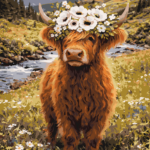 Paint by number artwork of a Highland cow with a flower crown standing in a scenic countryside with mountains and wildflowers