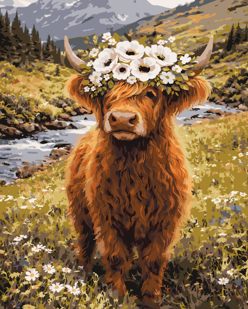 Paint by number artwork of a Highland cow with a flower crown standing in a scenic countryside with mountains and wildflowers
