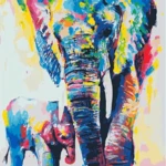 A colorful painting of an elephant and her baby