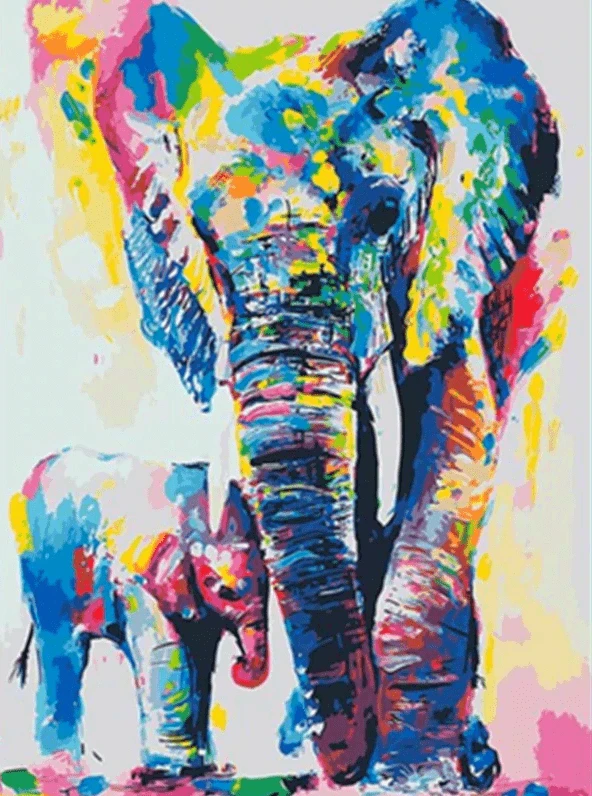 A colorful painting of an elephant and her baby