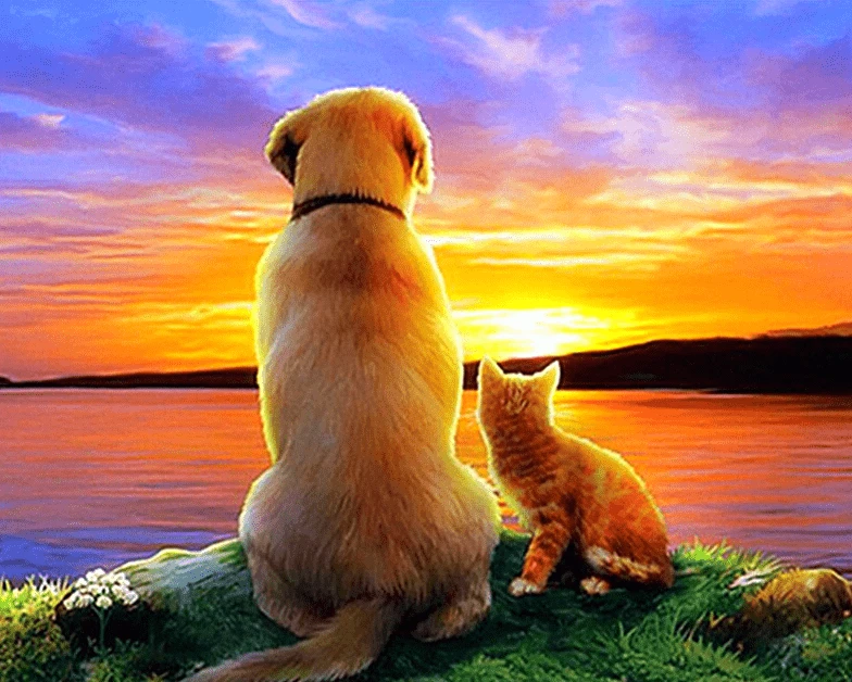 a paint by number painting of a dog and cat looking at the sunset