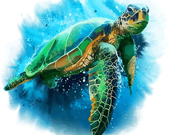 A painting of a green sea turtle swimming in the ocean