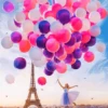 A painting of a girl in a dress holding pink, purple, and white balloons in front of the Eiffel Tower.