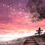 A painting of a person sitting on a bench under a tree viewing a serene beauty of dusk with the Pink Sunset