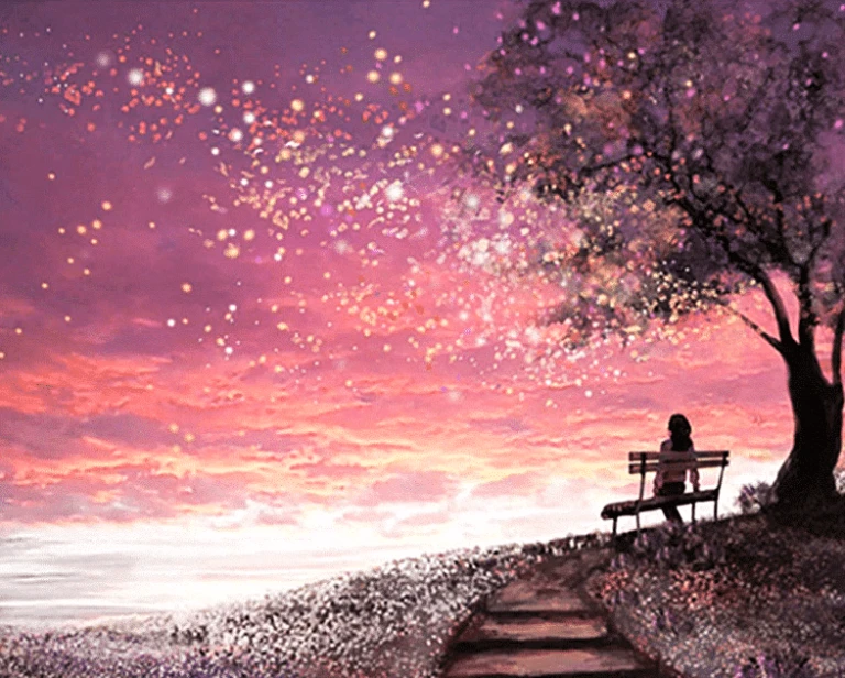 A painting of a person sitting on a bench under a tree viewing a serene beauty of dusk with the Pink Sunset