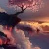 An artistic painting of a tree on volcano and Clouds