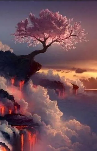 An artistic painting of a tree on volcano and Clouds