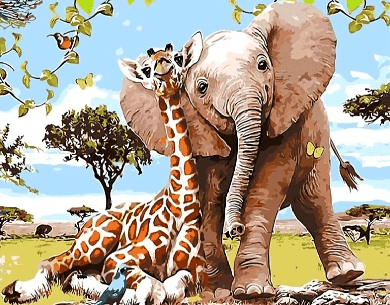 Paint by Numbers Kit Kids Elephant and Giraffe - Just Paint by Number
