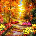 A painting of a path through a forest with colorful flowers