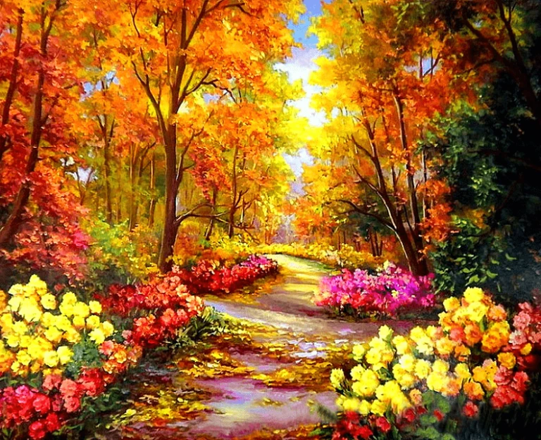 A painting of a path through a forest with colorful flowers