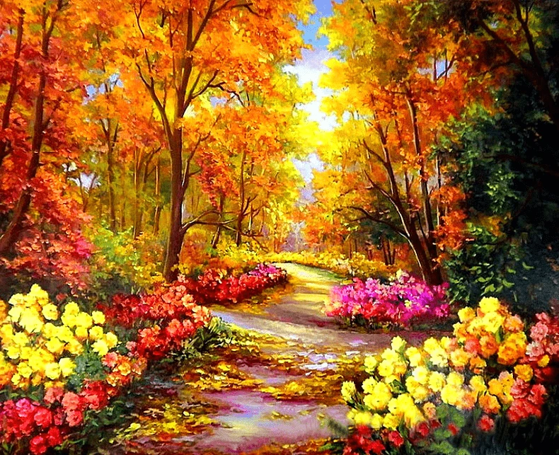 A painting of a path through a forest with colorful flowers