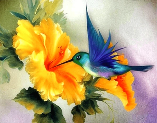 A photo of a hummingbird on a yellow flower