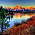 The Grand Teton mountains are reflected in the water painting