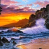 A painting of a sunset on the beach with waves palm trees