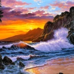 A painting of a sunset on the beach with waves palm trees