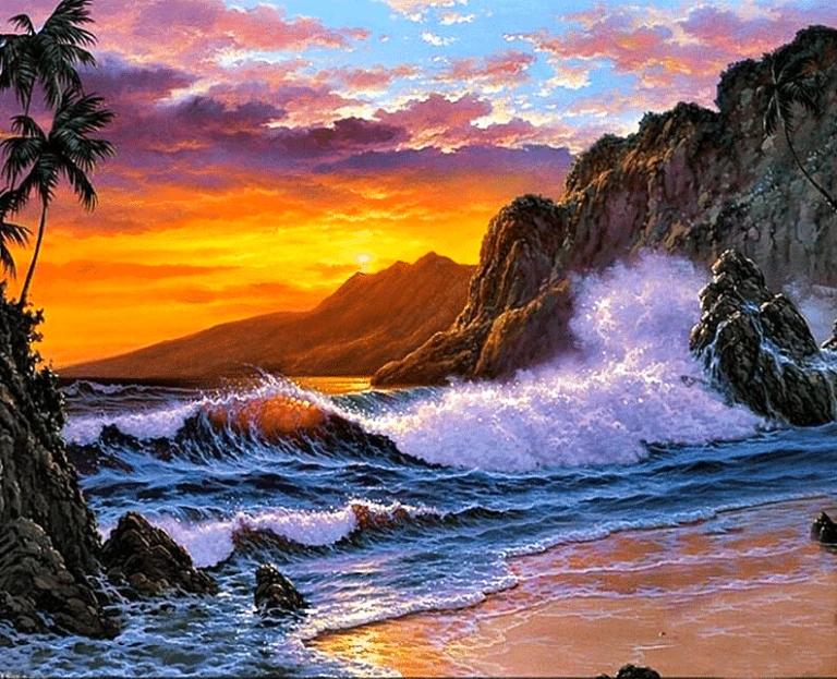 A painting of a sunset on the beach with waves palm trees
