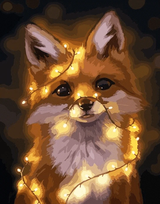 A painting of a fox with lights around it