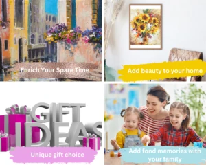 A collage of pictures with the words enrich your spare time, add beauty to your home, unique gift choice, and add fond memories with your family.