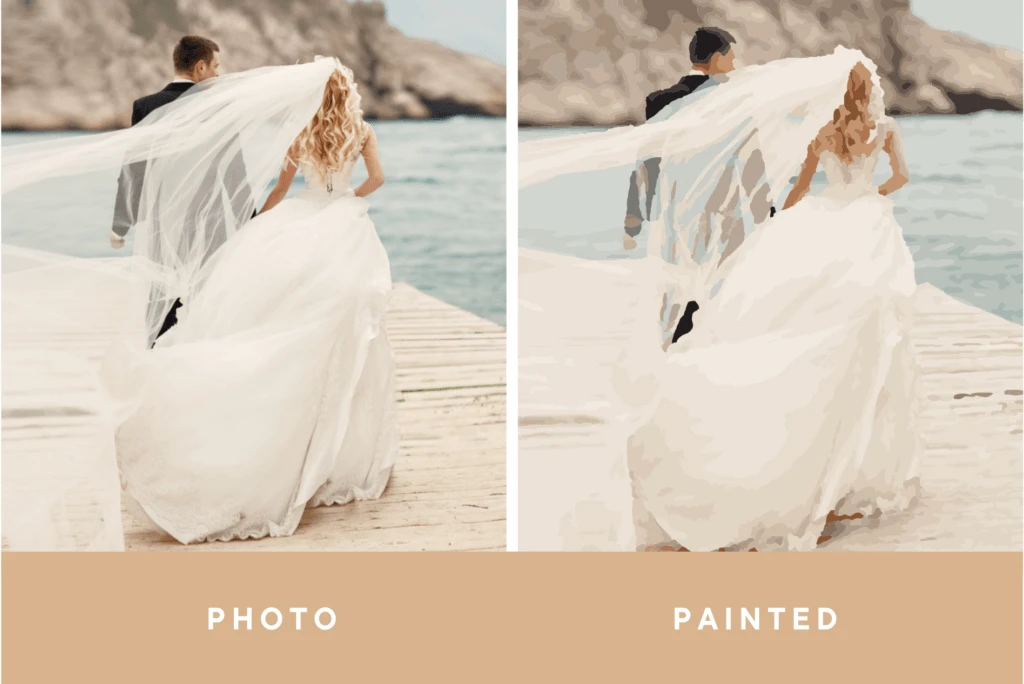 A collage picture of a wedding photo converted to a paint by number portrait