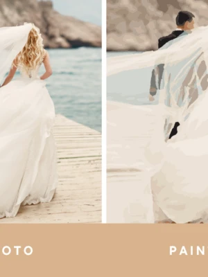 A collage picture of a wedding photo converted to a paint by number portrait