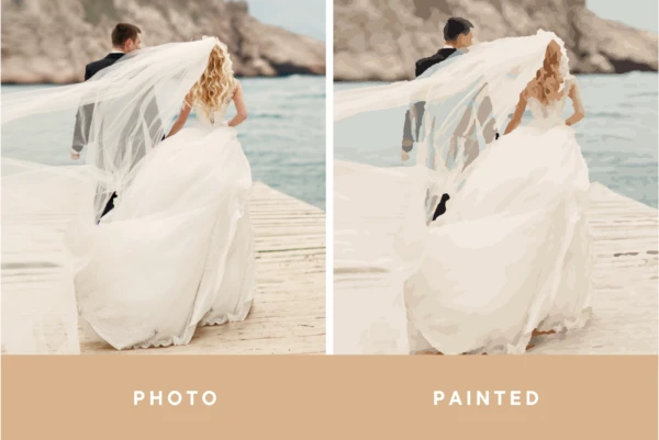 A collage picture of a wedding photo converted to a paint by number portrait