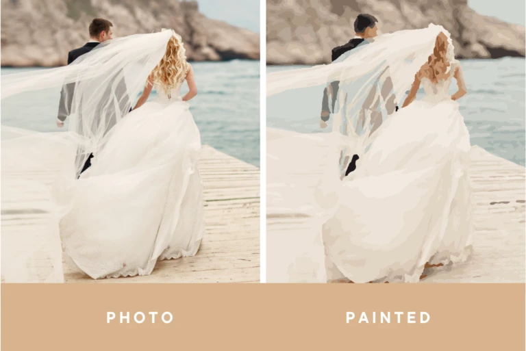 A collage picture of a wedding photo converted to a paint by number portrait