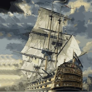 Paint by number artwork of a majestic tall sailing ship with full sails under dramatic stormy skies