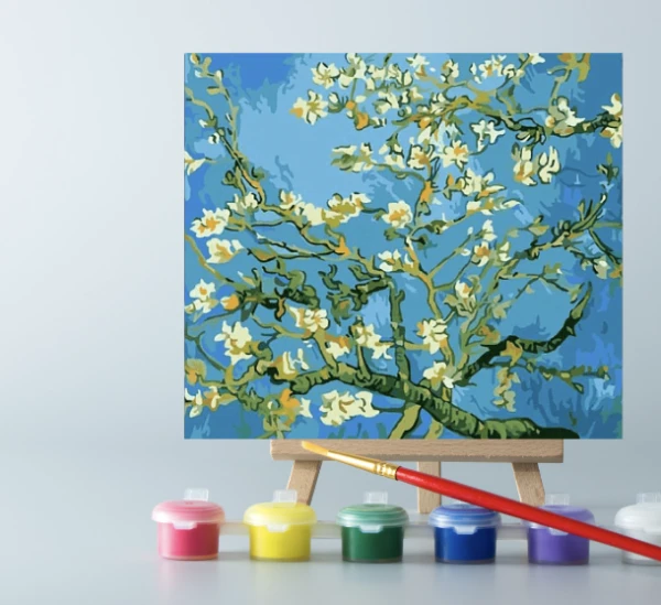 An easel with Van Gogh Flower Apricot paint by number canvas on it